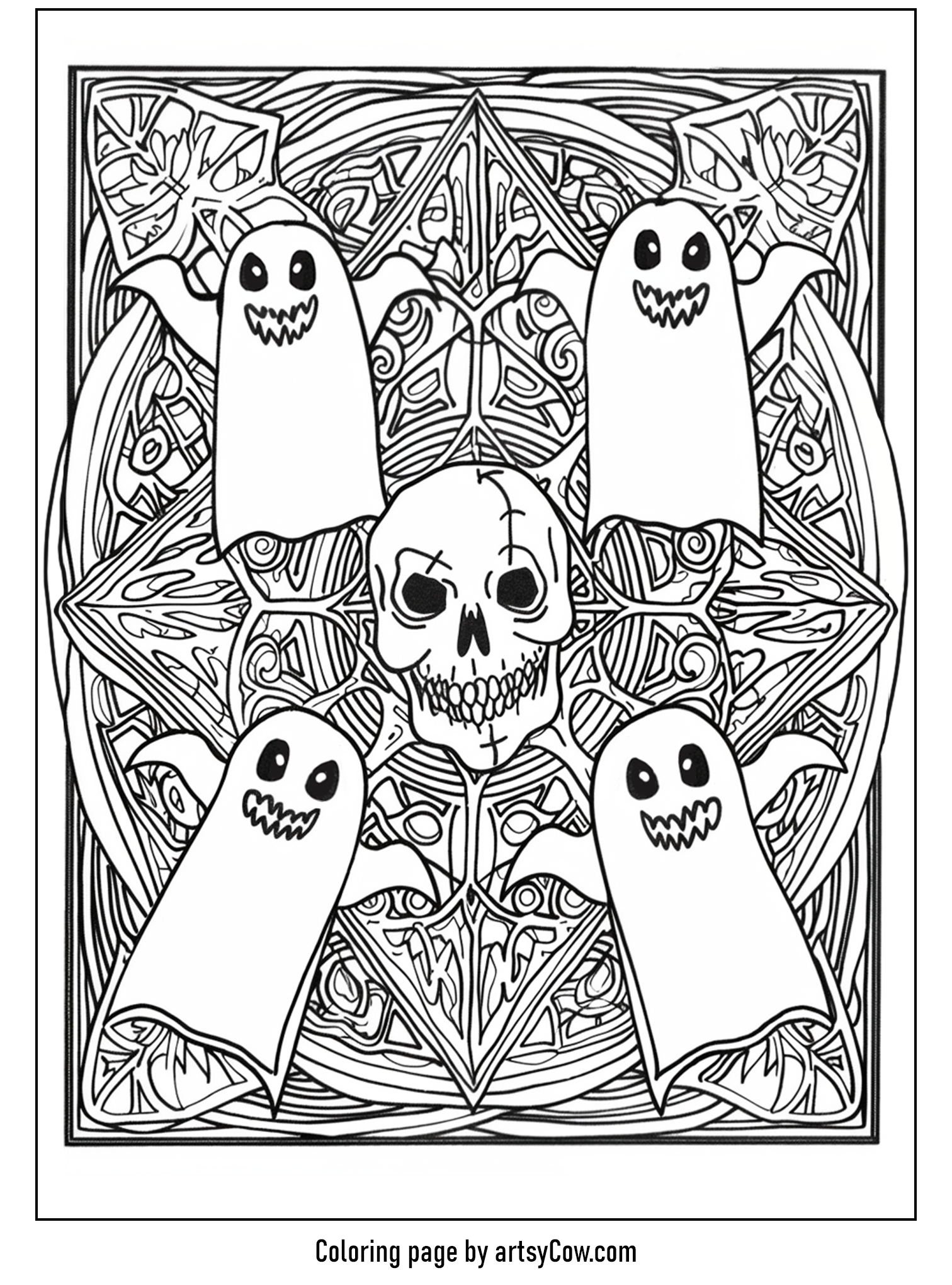halloween ghost mandala features a coloring page with friendly ghost figures and an intricate mandala design, perfect for creative Halloween activities.